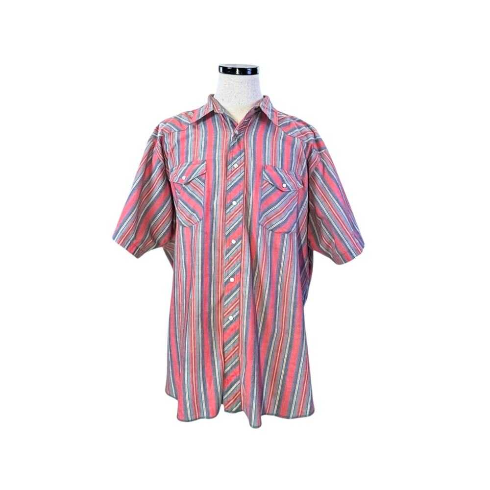 Wrangler Pearl Snap Red Striped Western Short Sleeve Button Up Shirt Men’s 2XL